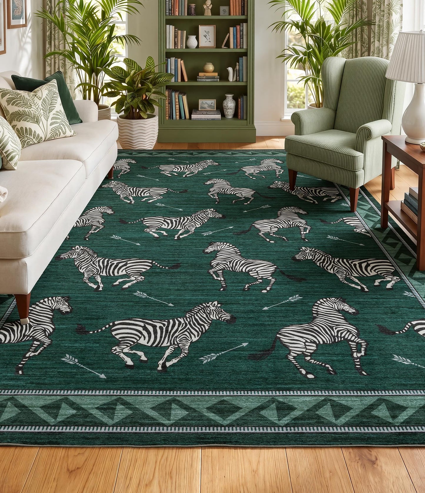 YIHOUSE Green Zebra Area Rugs 5×7, Washable Animal Print Rug with Southwestern Border, Non-Slip Low Pile Mid-Century Modern Carpet for Living Room, Bedroom, Dining Room