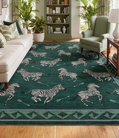 YIHOUSE Green Zebra Area Rugs 5×7, Washable Animal Print Rug with Southwestern Border, Non-Slip Low Pile Mid-Century Modern Carpet for Living Room, Bedroom, Dining Room