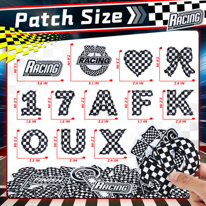 Meneng Letters and Numbers Patches for Racing: 82 Pcs Iron On Checkered Letters with Car Patches - Embroidered Flag Lightning Patch for Jacket Hat Customization