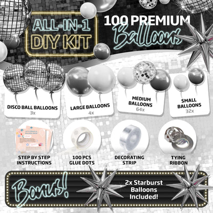 ALL-IN-1 Disco Balloon Arch Kit with BONUS Disco Ball Balloon for Party Decorations - Silver & White Balloons Garland for Disco Ball Party Decoration & Silver Party Decorations -Disco Balloons