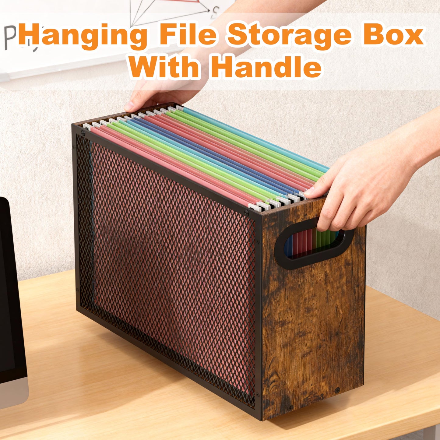 Piskyet Wooden Hanging File Organizer for desk, Metal Mesh File Folder Organizer Crate Cabinet Storage Box with Handle for Home Office Desk,Letter - Size,Rustic Brown