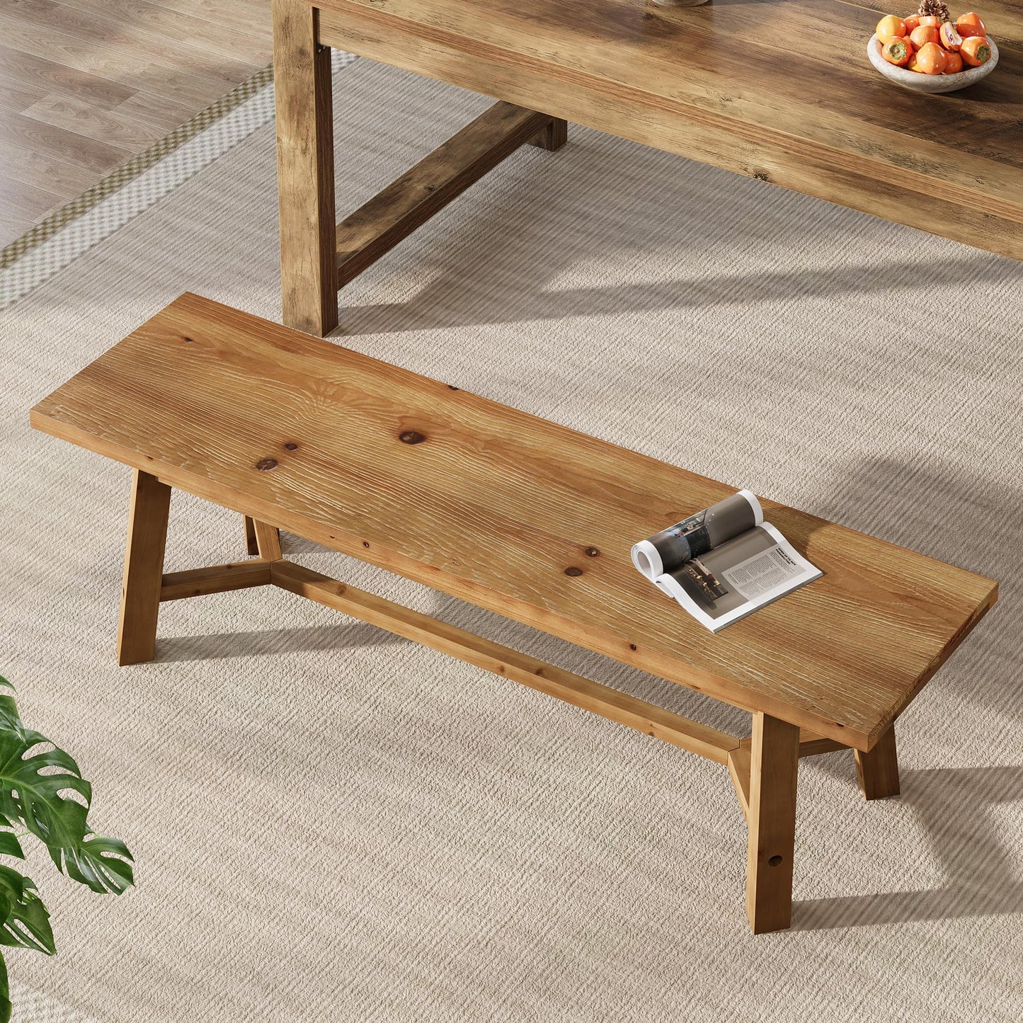 TRIBEWOOD 55" Solid Wood Bench, Farmhouse Long Bench Seat for Entryway, Dining Room, Living Room, Solid Wood, Rustic Brown