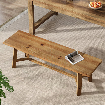 TRIBEWOOD 55" Solid Wood Bench, Farmhouse Long Bench Seat for Entryway, Dining Room, Living Room, Solid Wood, Rustic Brown