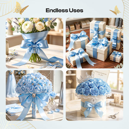 Caydo Sky Blue Ribbon Rose Bouquet for 2026 Graduation Gifts, 91PCS Ribbon Flower Making Kit with Floral Stem Wire, Wrapping Paper, Glue Stick, 3D Butterfly & Diamond Pins
