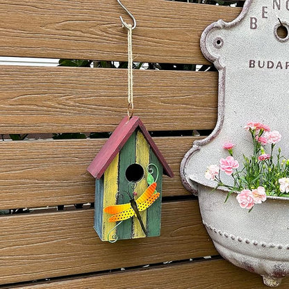 Wood Bird Houses for Outside, Hanging Bluebird House Nest Box Garden Patio Outdoor Decorative Bird Houses Vintage Rustic Wooden Birdhouse Bird Box Home for Finch Wren Chickadee Cardinals (Dragonfly)