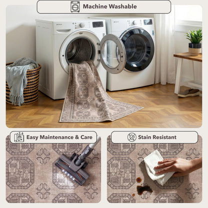 Kuden 6x9 Area Rug, Machine Washable Area Rug with Non-Slip Backing, Vintage Style, Soft, Easy Clean, Low Pile Rug for Living Room, Bedroom, Dining Room