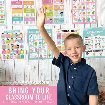 Hadley Designs Phonics Posters for Classroom Must Haves - 9 Sound Wall for Kindergarten & Elementary Teacher Supplies, Syllable, Vowels, Digraphs & Blends Bulletin Board Set, Pastel Classrom Decor