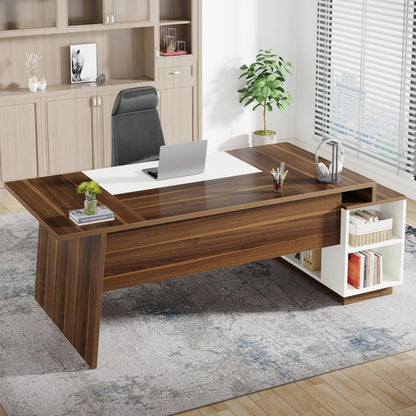 Tribesigns L-Shaped Executive Office Desk, 70.5-Inch Mid-Century Modern Executive Desk with Storage Cabinet and Shelves, Large Computer Desk for Home Office, Brown + White
