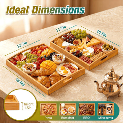Bamboo Serving Tray Set of 2 with Handles, Nesting Wooden Serving Trays for Food & Drinks, Coffee Table Ottoman Tray for Living Room Decor, Large 16.9" x 12.7" x 1.5" & Small 15.6" x 11.7" x 1.5"