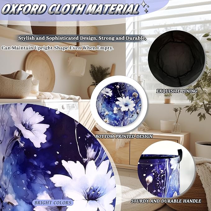 Blue Daisy Flower Laundry Basket Foldable Oxford Cloth Watercolor Floral