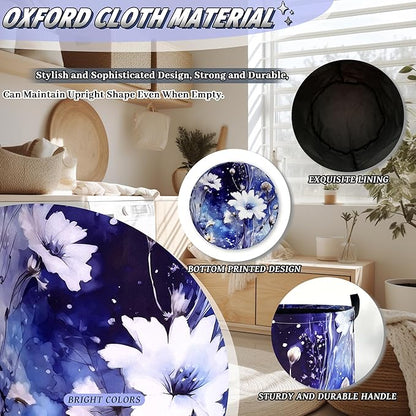 Blue Daisy Flower Laundry Basket Foldable Oxford Cloth Watercolor Floral