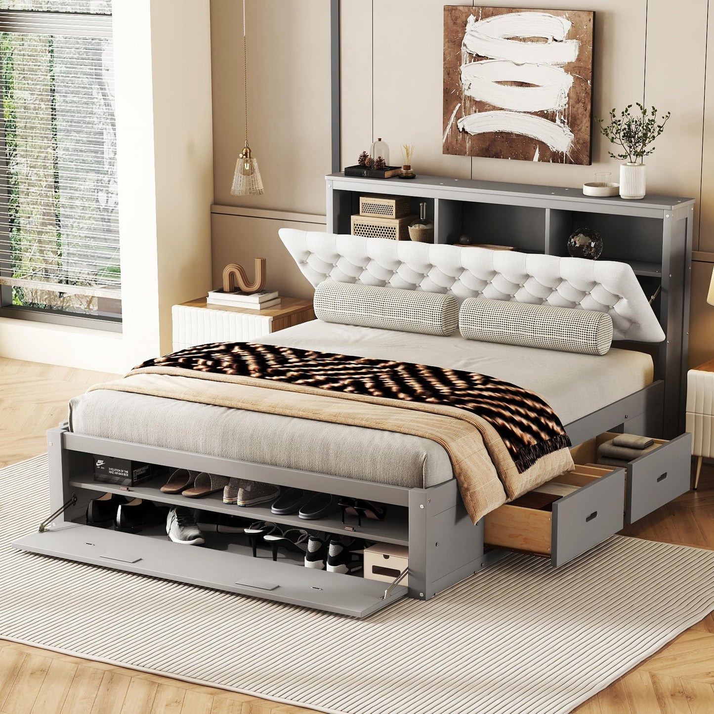 Merax Queen Size Bed Frame with Upholstered Storage Headboard, Rustic Wood Platform Bed with Four Drawers and Shoe Rack, Sturdy Wooden Slats Support, No Box Spring Needed, Easy Assembly, Gray