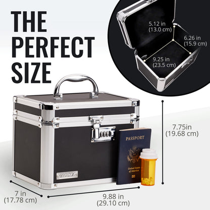 Vaultz Secure Security Lock Boxes - Safe Combination Lock Box, Storage for Documents, Valuables, Medicine & Money - 9.88 x 7.75 x 7 Inch - Black/Chrome
