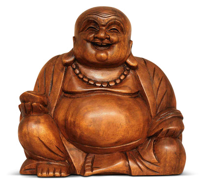 G6 Collection 8" Wooden Laughing Happy Buddha Statue Hand Carved Smiling Sitting Sculpture Handmade Figurine Decorative Home Decor Accent Rustic Handcrafted Art Decoration Happy Buddha (Small)