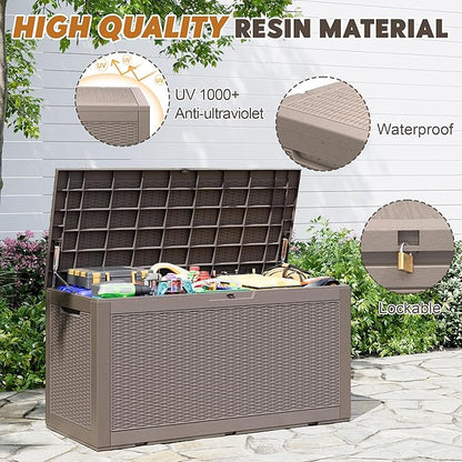 Outdoor Storage Box, Resin Deck Boxes Indoor and outdoor, Waterproof Storage Box Lockable Lid (Grey, 110 Gallon)