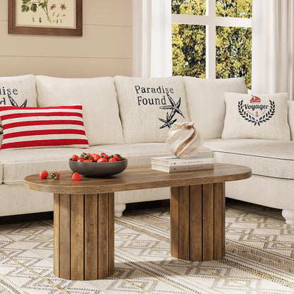 Tohomeor Oval Coffee Table, 43.3" Farmhouse Wooden Coffee Table with Fluted Legs, Mid-Century Modern Accent Center Table with for Living Room or Home Office, Retro Brown