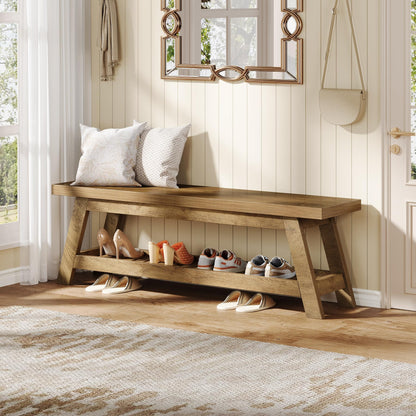 Tribesigns 55" Wood Entryway Bench with Shoe Storage, Large 2-Tier Narrow Hallway Foyer Seating Bench with Open Shelves for Entryway, Bedroom, Mudroom