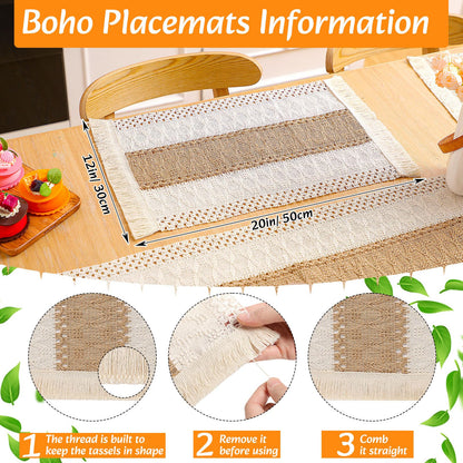 Gandeer 4 Sets Boho Decoration Placemats Round Woven Placemats, Cloth Napkins, Wood Bead Napkin Rings, Long Table Runner and Farmhouse Burlap Cotton for Table Kitchen (Khaki,12x72)