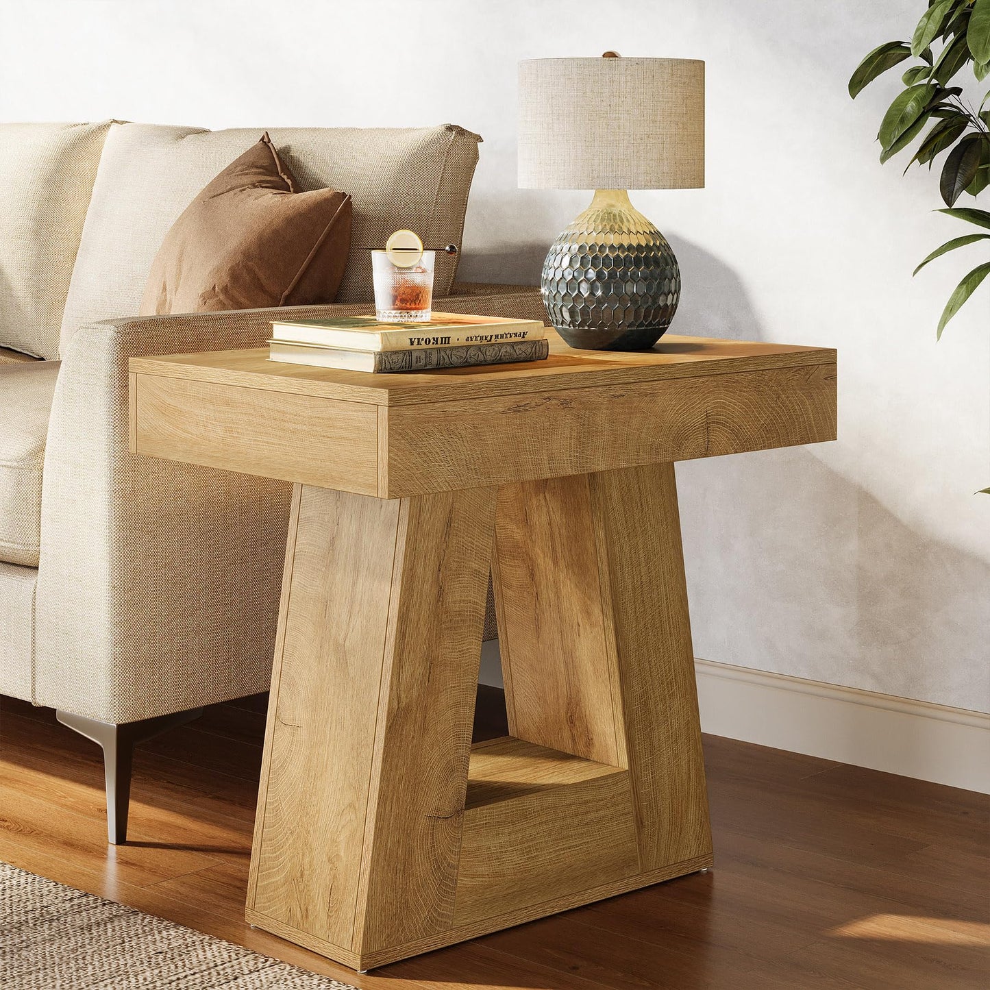 Tribesigns 24" Modern Side Table, 2-Tier Narrow Wooden End Table with Trapezoid Base, Farmhouse Small Nightstand for Living Room, Bedroom, Natural Wood Color