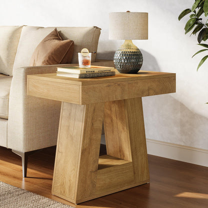 Tribesigns 24" Modern Side Table, 2-Tier Narrow Wooden End Table with Trapezoid Base, Farmhouse Small Nightstand for Living Room, Bedroom, Natural Wood Color