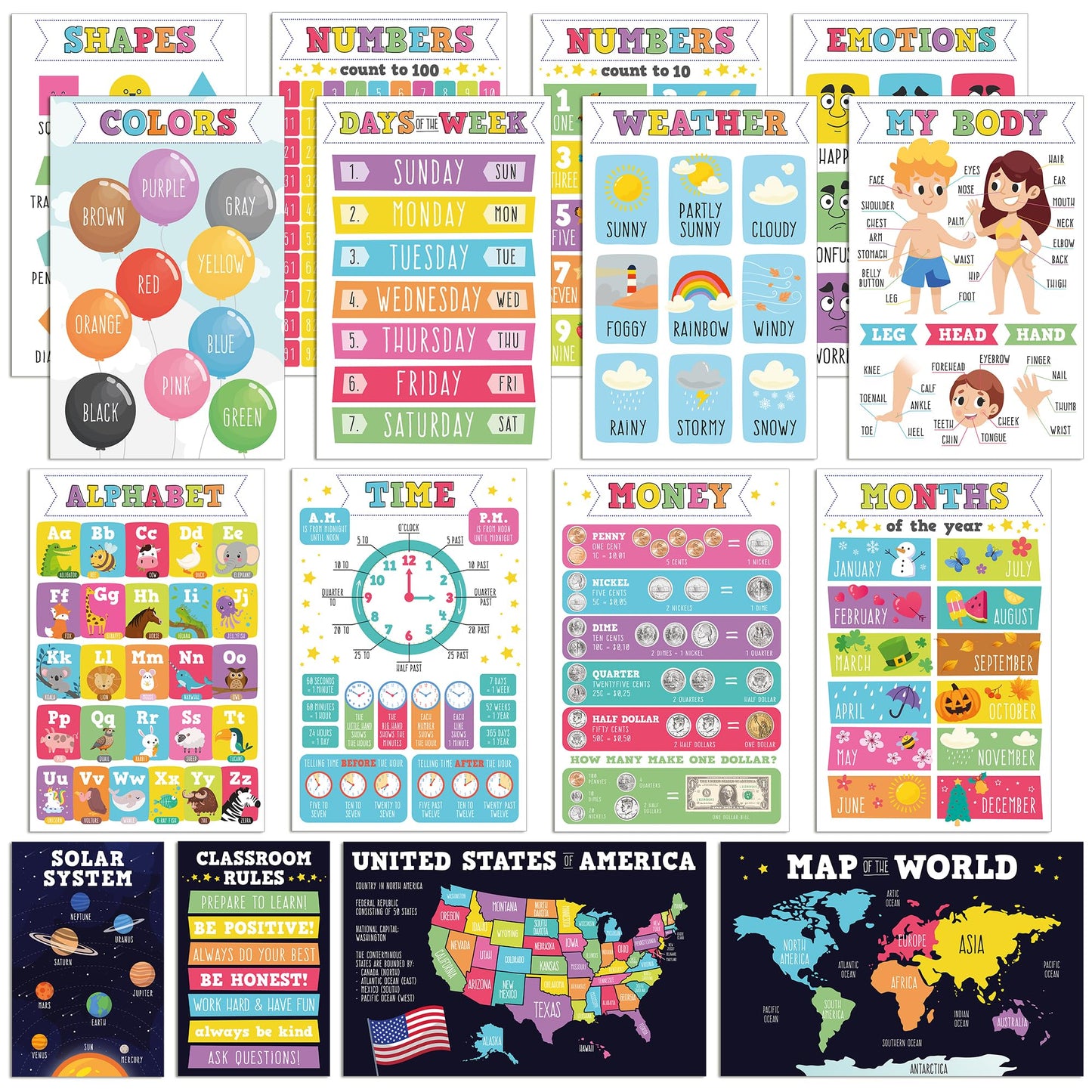 16 Laminated Educational Writing Posters for Kids (English & Spanish) - Double-Sided Learning Charts, 32 Total Designs, Classroom & Homeschool Supplies