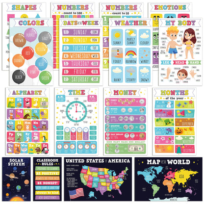 16 Laminated Educational Writing Posters for Kids (English & Spanish) - Double-Sided Learning Charts, 32 Total Designs, Classroom & Homeschool Supplies