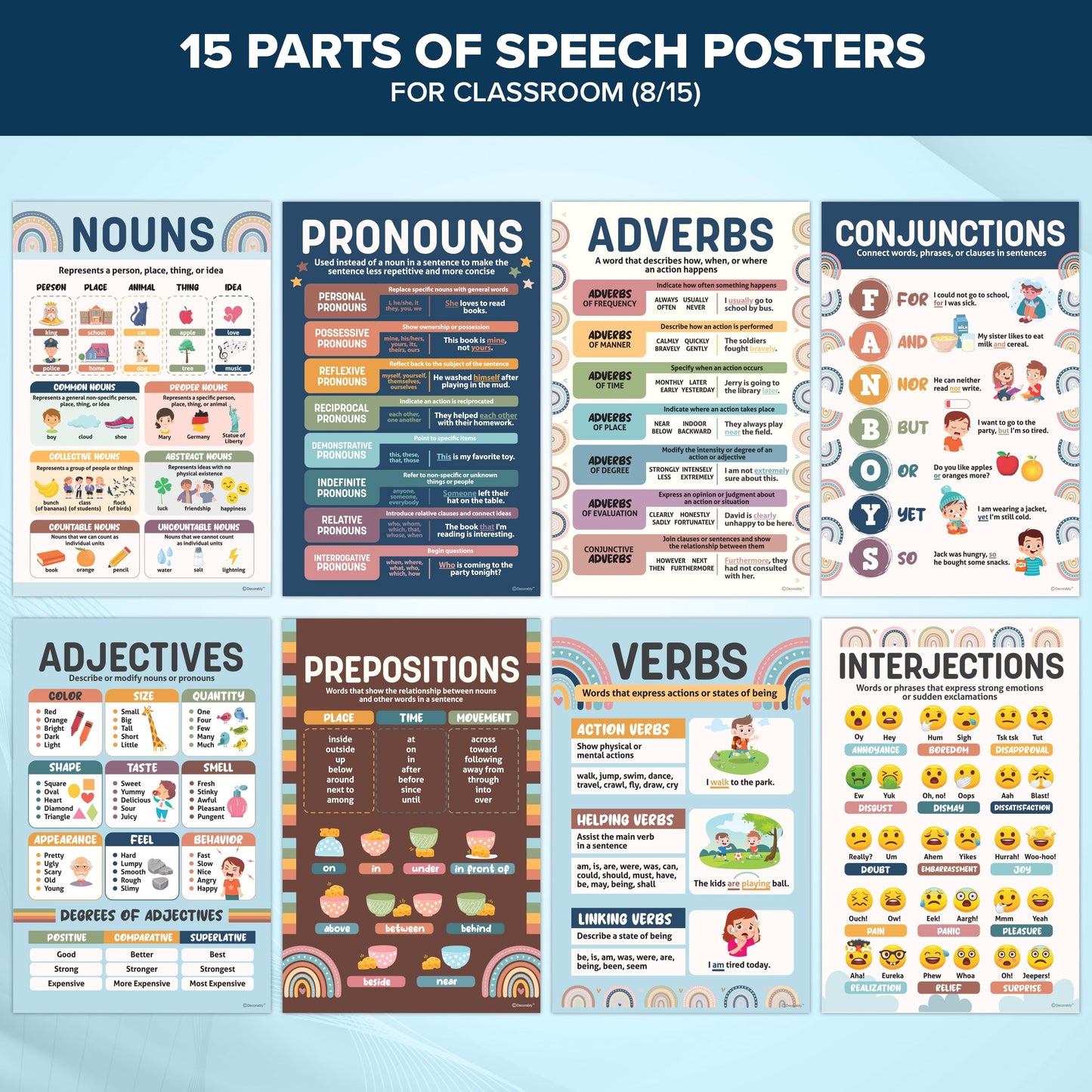 Decorably 15 Boho Rainbow Parts of Speech ELA Classroom Posters, 11x17in Educational, Matte-Laminated Decor - for School, Hallways, Bulletin Boards, Home Study Room