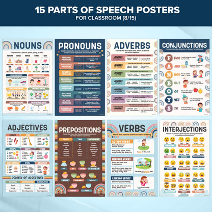 Decorably 15 Boho Rainbow Parts of Speech ELA Classroom Posters, 11x17in Educational, Matte-Laminated Decor - for School, Hallways, Bulletin Boards, Home Study Room
