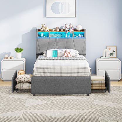 LIKIMIO Twin Bed Frame with 2 Storage Drawers, Charging Station & LED Lights, Upholstered Platform Twin Bed with Storage Headboard, Strong Wooden Slats, No Box Spring Needed, Easy Assembly, Grey