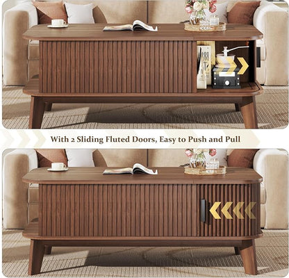 HUAHUU 37.4" Lift Top Coffee Table with Storage, Mid Century Modern Coffee Table with Sliding Fluted Doors for Living Room, Home Office, Walnut