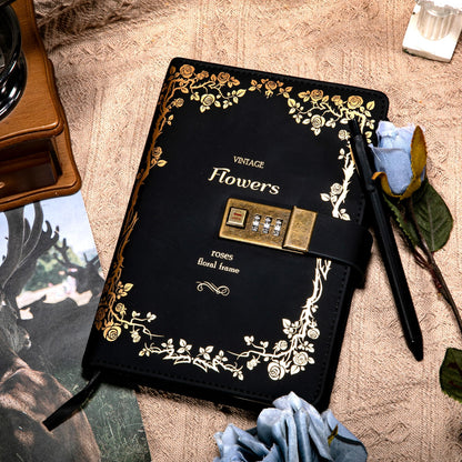 CAGIE Journal with Lock for Women Girls Refillable Lock Diary with Pen, Vintage Hot Foil Embossed Design Locking Journal for Gifts, Travel, 5.5 x 8 in, Black