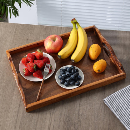 MOOKOMI Nature Walnut Wooden Serving Tray with Handles, Solid Wood Food Tray for Coffee, Breakfast, Dinner, Ottoman,16.6x11.8x2.4 inches