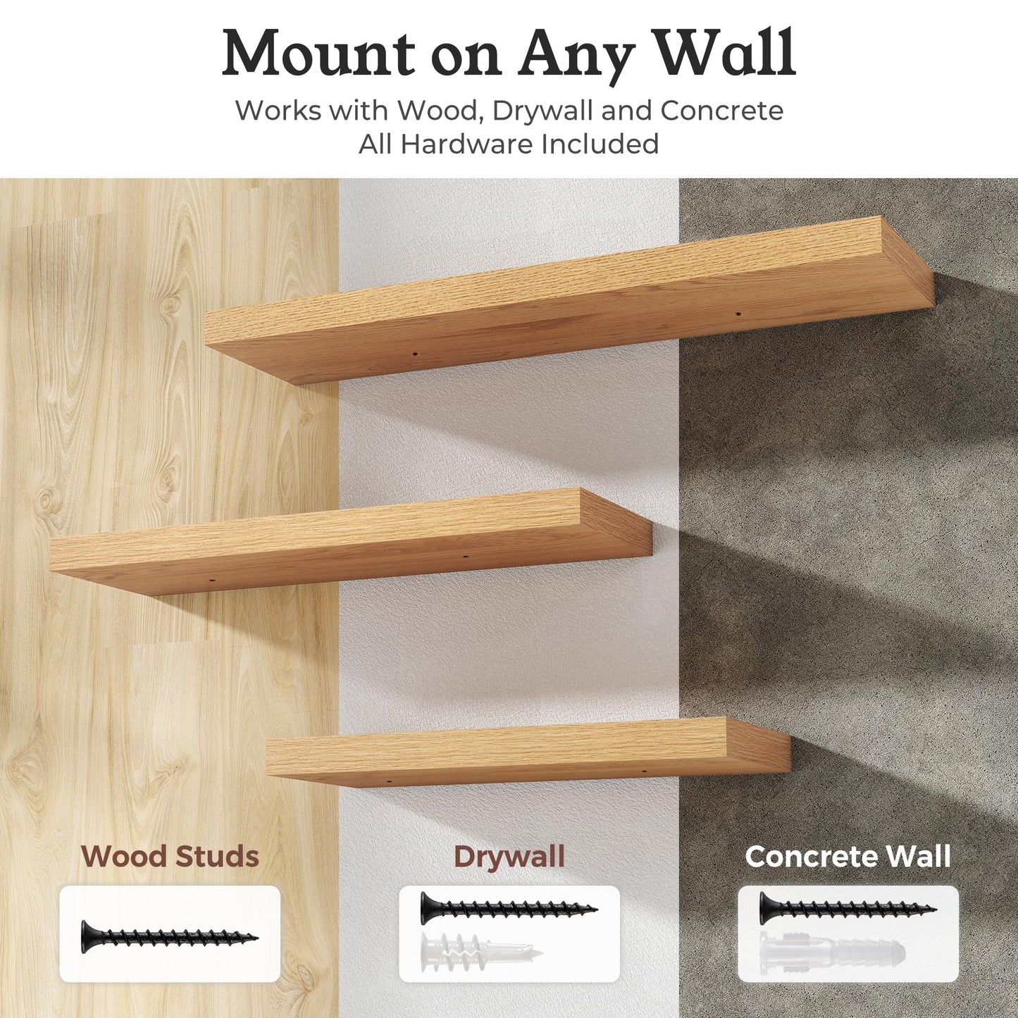Ornawit Floating Shelves for Wall, 9.3" Deep Wall Mounted Wood Shelves for Bathroom, Bedroom, Living Room, Kitchen, Hanging Shelf for Books/Storage/Room Decor (Oak, 24")