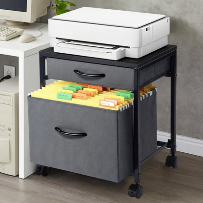 AceOrbit Printer Stand Rolling Mobile File Cabinet Cart with 2 Fabric Drawers A4 Letter Size Beside, Vertical Filing Cabinet on Lockable Wheel with Storage Under Desk for Home Office(Gray)