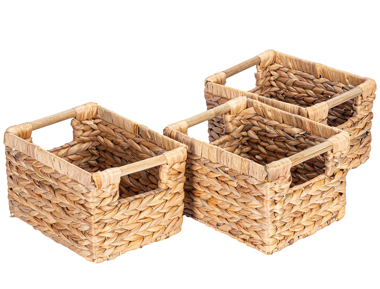 Small Wicker Baskets for Organizing Bathroom, Hyacinth Baskets for Storage, Wicker Storage Basket with Wooden Handle, Decorative Small Basket 10 x 7.5 x 6.3 inches - 3 Pack