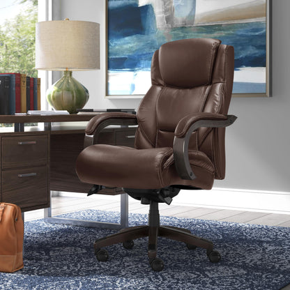 La-Z-Boy Delano Big and Tall Executive Office Chair - Ergonomic Lumbar Support Memory Foam - Bonded Leather Desk Chair for Home Office - Weathered Gray Wood Arms - Brown