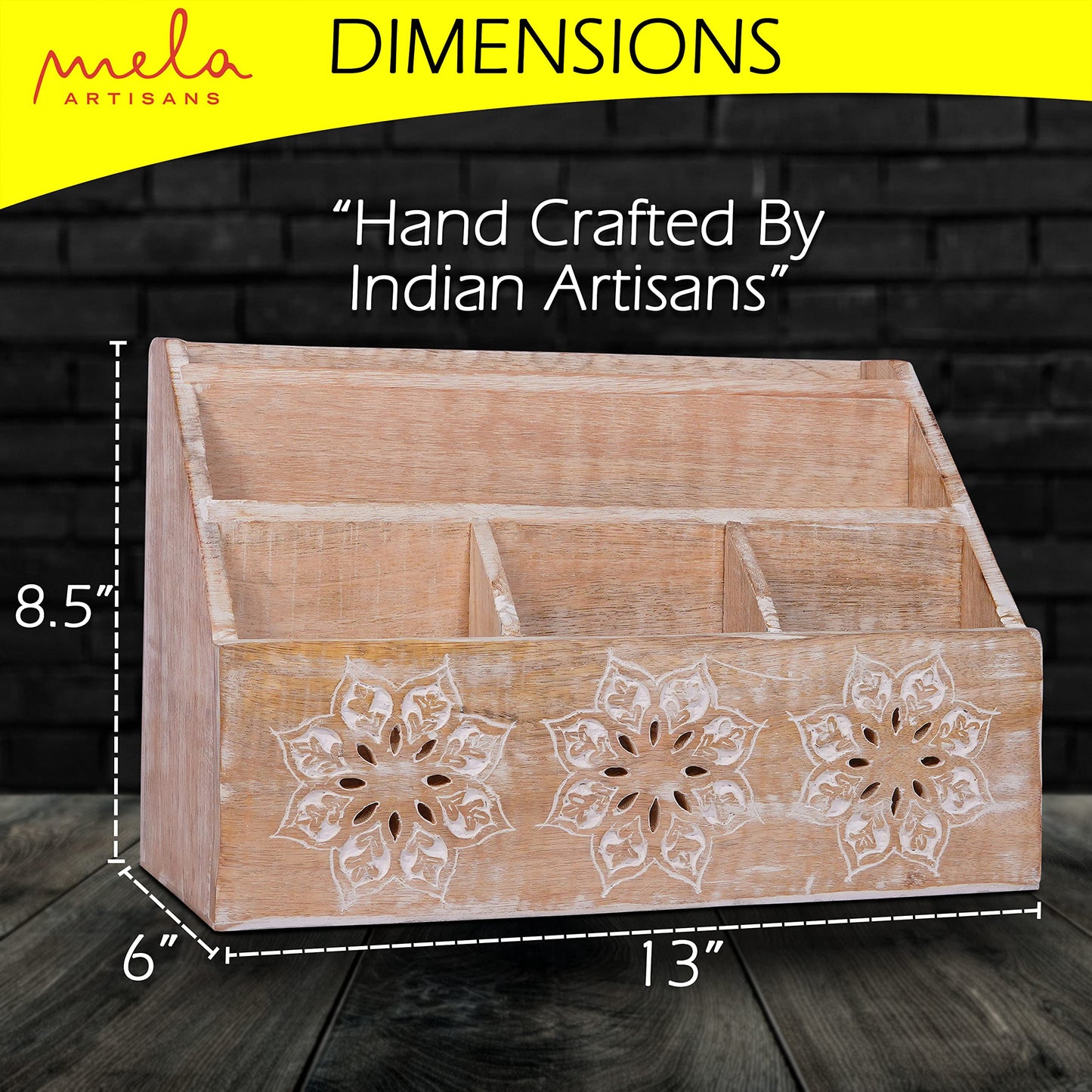 Mela Artisans Serena 13" x 8.5" Whitewash Wooden Desk Organizer – Mango Wood Mail Holder with 5 Compartments for Home Desk Organization, Mail Storage & Rustic Office Decor