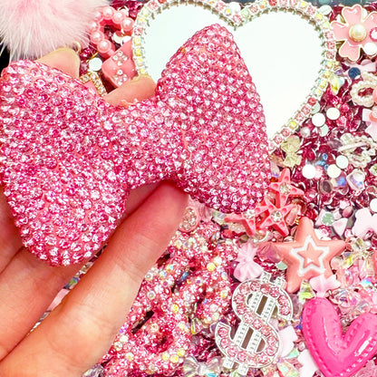 Gehaiwo Pink Junk Case Charms Kit, Junks Phone Cases with Rhinestone Accessories and Full Diamond Bow Lips Dollar Sign Pom Resin Kits Mirror with DIY Phones Decorations