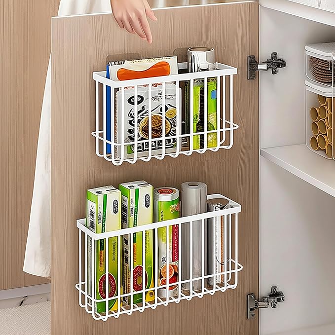 Cabinet Door Organizer 3Pcs, Foil and Plastic Wrap Organizer with 2 Sponges, Cabinet Door Storage with 3 Caddy Adhesive, for Aluminum Foil, Plastic Wrap, Wool Dryer Balls, White,(Small, Medium, Large)