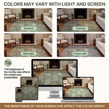 Bavni Washable Area Rugs 8x10 Green Boho Rug Tumble Vintage Large Carpet for Living Room Bedroom Dining Room, Non Slip Thin Low Pile Chenille, Dark Sage/Gold