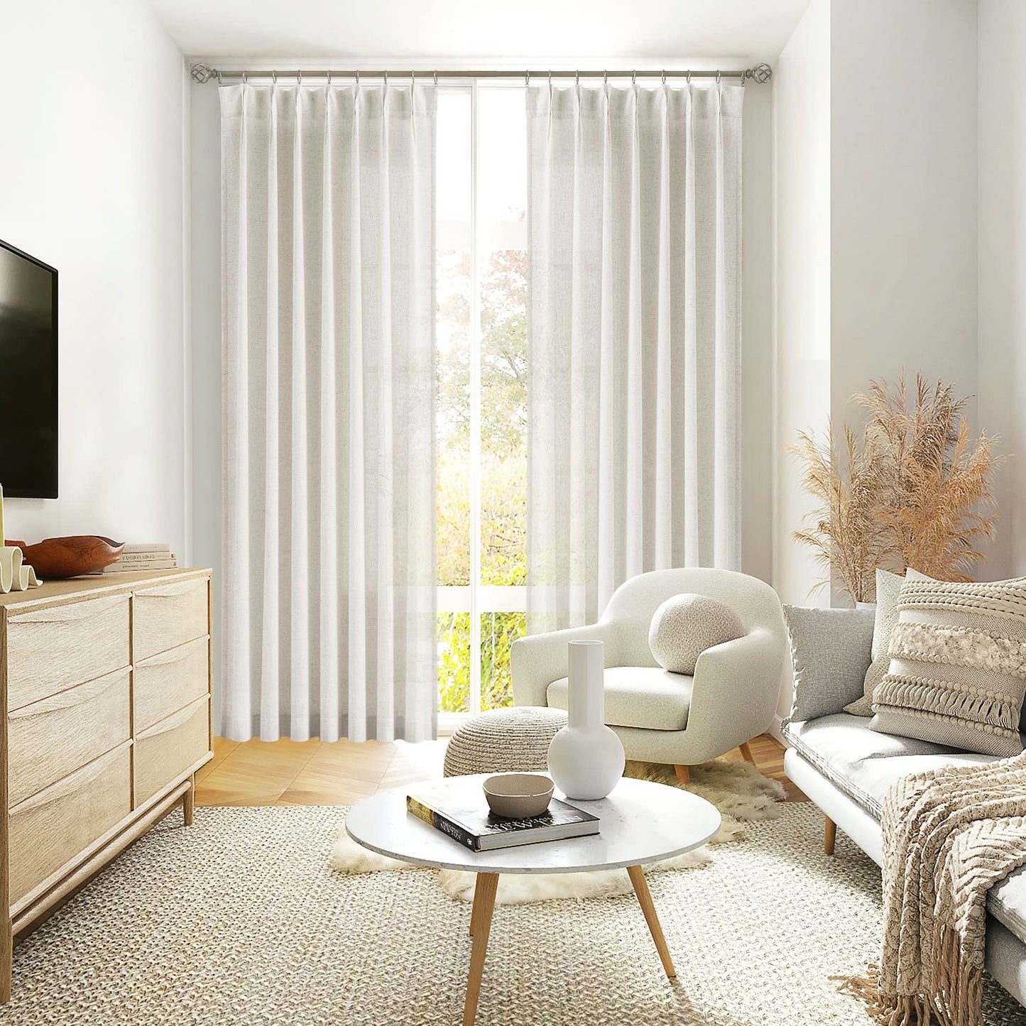 Vision Home Natural Pinch Pleated Semi Sheer Curtains Textured Linen Blended Light Filtering Window Curtains 84 inch for Living Room Bedroom Pinch Pleat Drapes with Hooks 2 Panels 42" Wx84 L