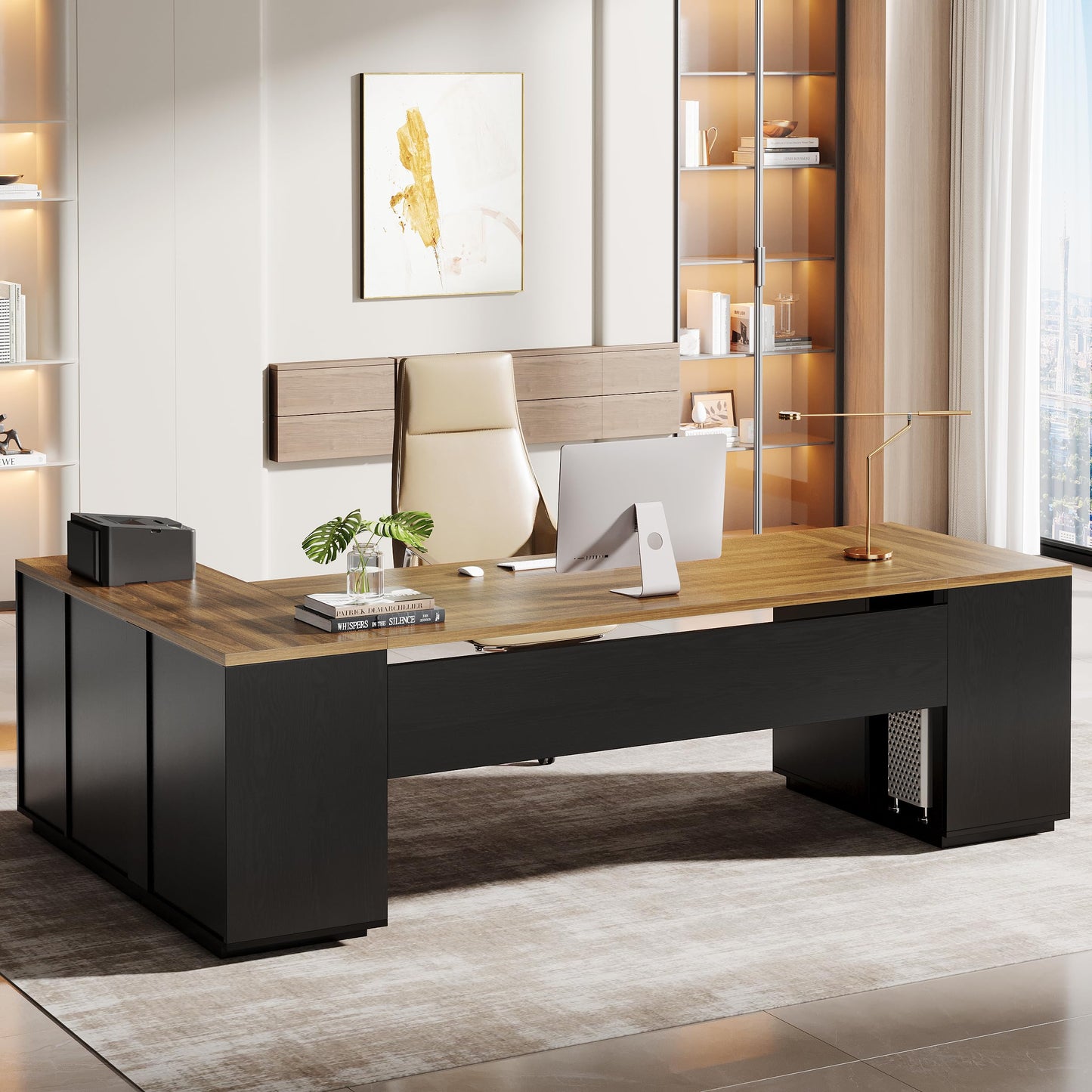 Tribesigns 85.8-Inch L-Shaped Executive Desk, Extra Large Modern Office Desk with File Drawers, Door Cabinet & Shelves, Commercial Office Table, Home Business Workstation, Brown & Black