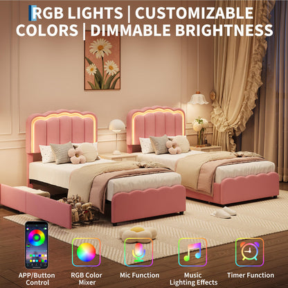 GarveeHome Twin LED Bed Frame, Kids Platform Bed with 2 Large Storage Drawers, Velvet Upholstered Princess Bed for Girls & Boys, Wooden Slats Support, No Box Spring Needed, Easy Assembly, Pink