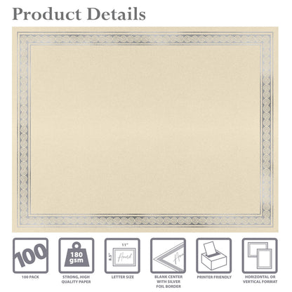 Better Office Products 100 Sheet Award Certificate Paper, Silver Foil Metallic Border, Ivory Letter Size Blank Paper, Diploma Certificates, Laser and Inkjet Printer Friendly, 8.5 x 11 Inches