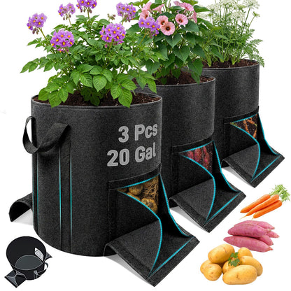 Mulctun 3Pcs 20 Gallon Potato Grow Bags, Grow Bags with Harvest & Visible Windows,Potato Bags for Growing Potatoes with Sturdy Handles,Potato Growing Containers for Growing Potatoes Vegetables
