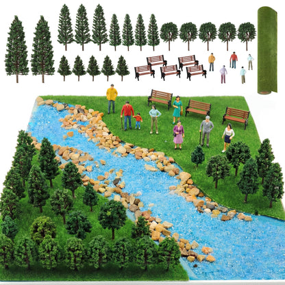 Soulchen 30 Pieces Model Trees 3.3-6.3 Inch Mixed Mini Trees Diorama Supplies Model Grass Mat Mini People Figurines Benches Ho Scale Accessories for Projects Train Scenery Landscape DIY Crafts