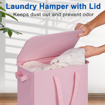 Slim Laundry Hamper with Lid and Wheels, Small Rolling Laundry Basket with