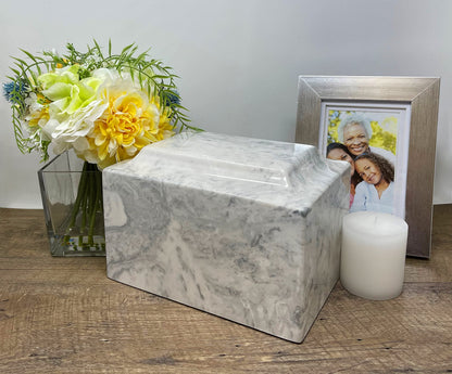Custom Engraved Mackenzie Urn Vault - Up to Three Line of Custom Engraving Included. Six Different Custom Fonts to Choose from. Cultured Marble Adult Full Size urn. Carrera Color