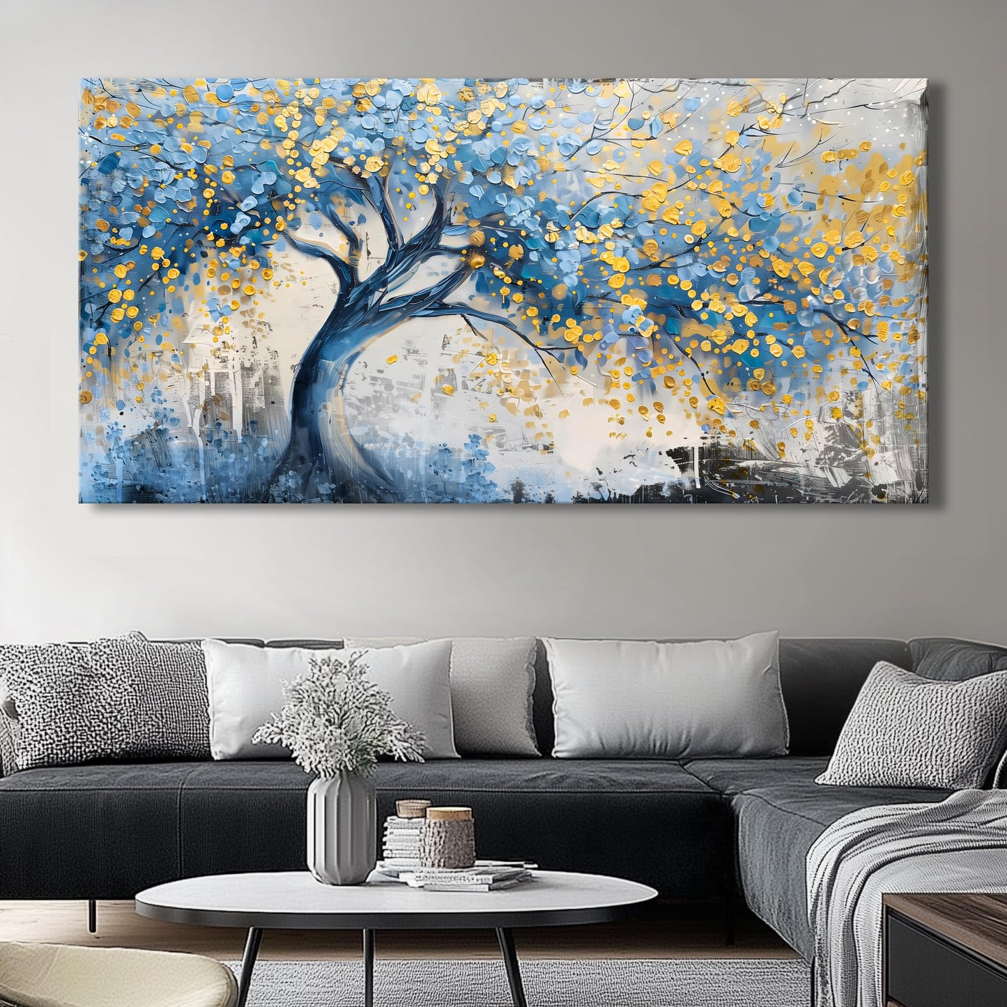 Wall Art Tree of blue Life Abstract Canvas Painting Textured Picture, Modern Landscape Artwork Framed for Living Room Bedroom Bathroom Office Home Decor 48x24in