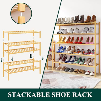 Smiry Long Bamboo Shoe Rack, 3 Tier Free Standing Wooden Shoe Organizer, Stackable Wood Shoe Storage Shelf for Closet, Entryway, 12 Vertical Slats, 2+1 Stack Standard Legs, 33.7"x11"x19.5", Natural